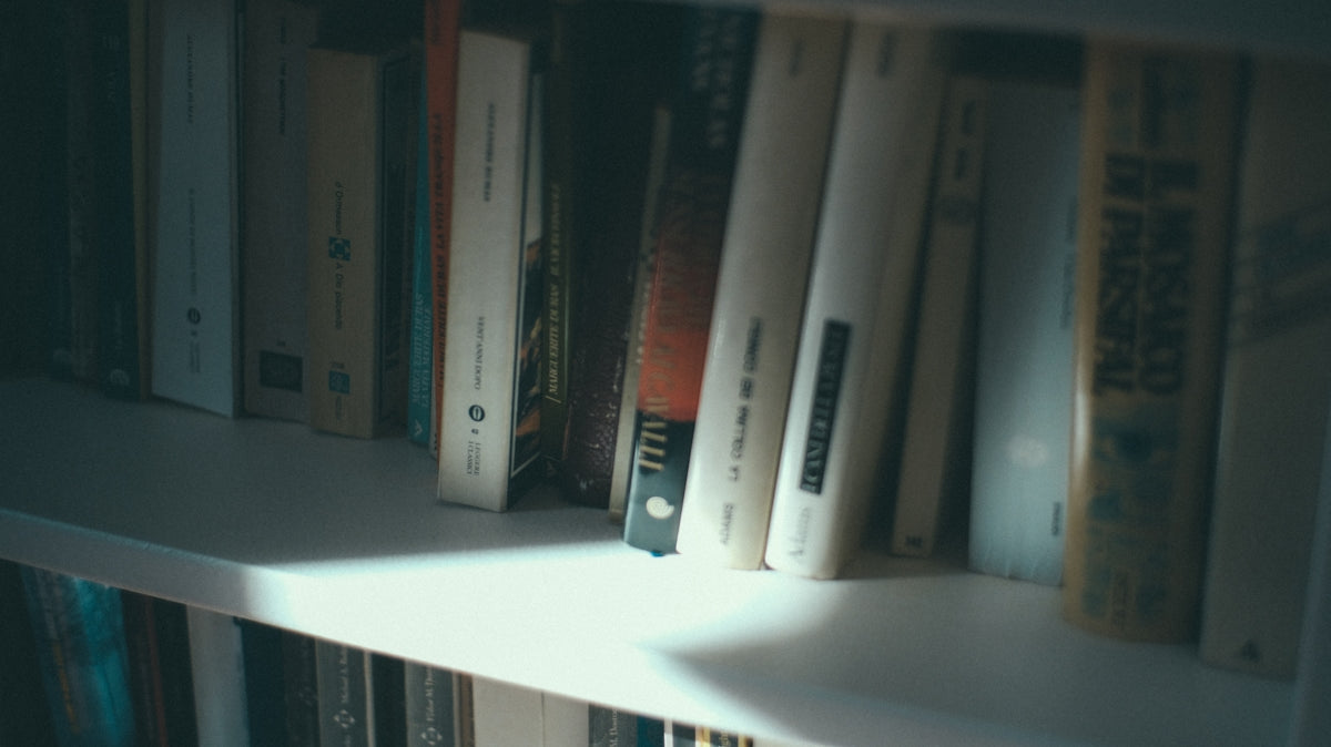 low-light photo of books on white shelves