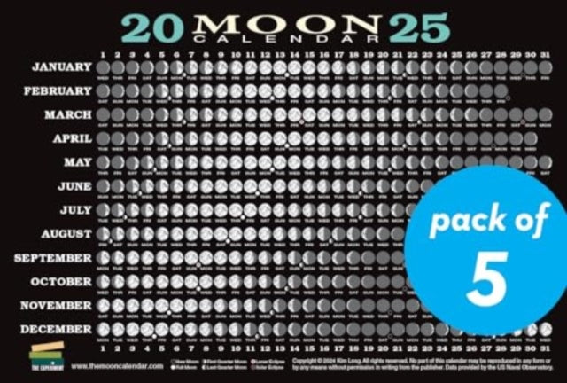 2025 Moon Calendar Card (5 pack), Lunar Phases, Eclipses, and More! 9781891011528 Kim Long