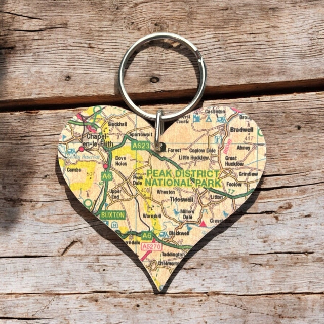 Book cover of: OS Map Wooden Heart Key-ring - Peak District National Park