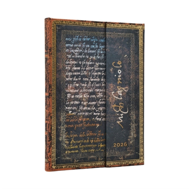 Book cover of: 2026 Michelangelo, Handwriting (Embellished Manuscripts Collection) Midi 12-month Verso Hardcover Flexi Dayplanner 2026 (Wrap Closure). By: Paperblanks