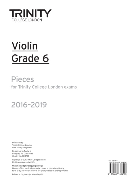 Book cover of: Violin Exam Pieces Grade 6 2016-2019. By: TRINITY COLLEGE LONDON