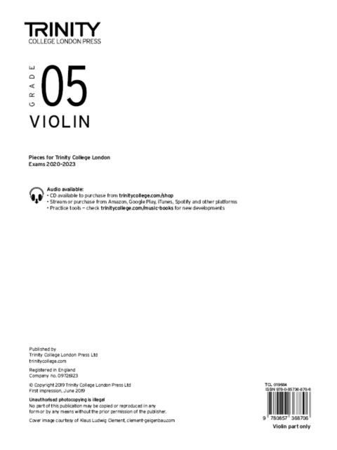 Book cover of: Trinity College London Violin Exam Pieces From 2020: Grade 5 (part only). By: Trinity College London