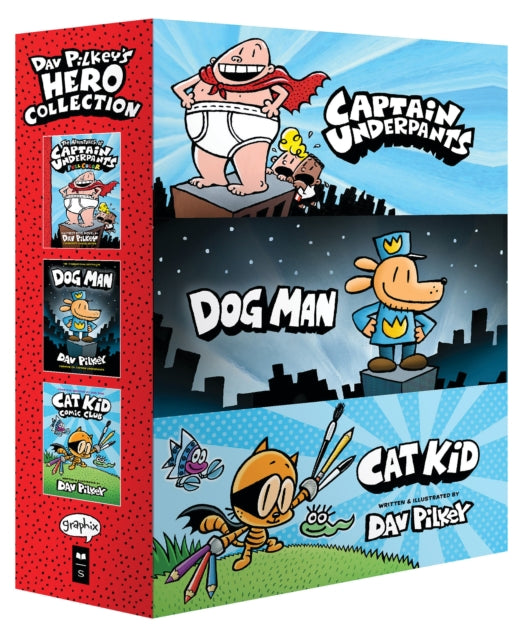 Book cover of: Dav Pilkey's Hero Collection (Captain Underpants #1, Dog Man #1, Cat Kid Comic Club #1). By: Dav Pilkey