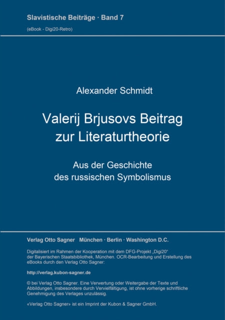 Book cover of: Valerij Brjusovs Beitrag zur Literaturtheorie. By: Alexander Schmidt