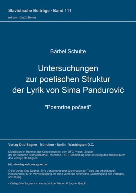 Book cover of: Untersuchungen zur poetischen Struktur der Lyrik von Sima Pandurovic. "Posmrtne pocasti"